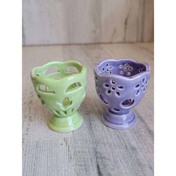 Egg holder green purple ceramic Easter spring set - Picture 2 of 5